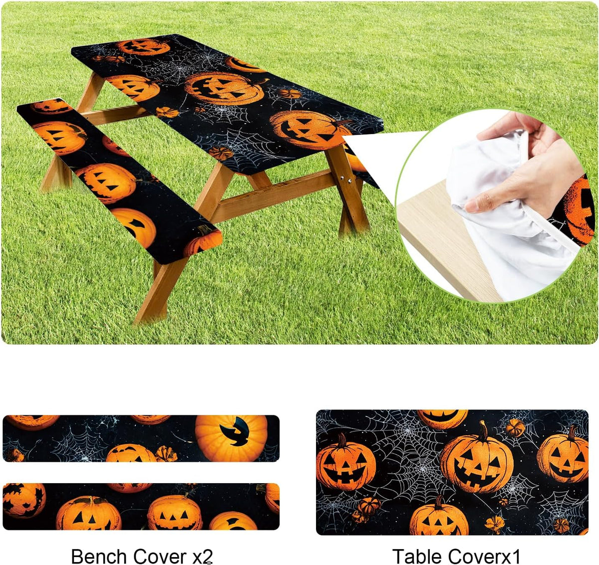 ANNA QUEEN Halloween Pumpkin 6FT Picnic Table Cover Set, Spooky 3PCS 72"...