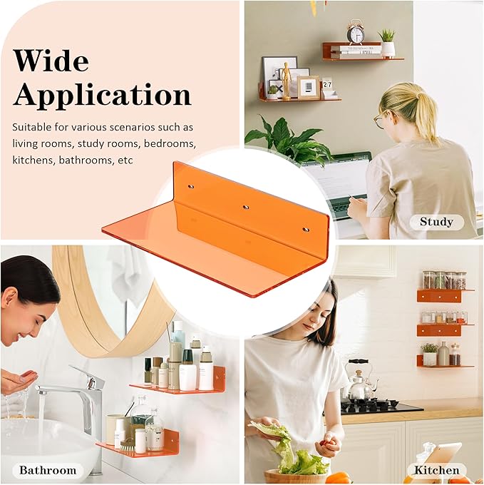 12 Inches Small Orange Wall Shelves Set of 2, Acrylic Floating Shelf - Image 6