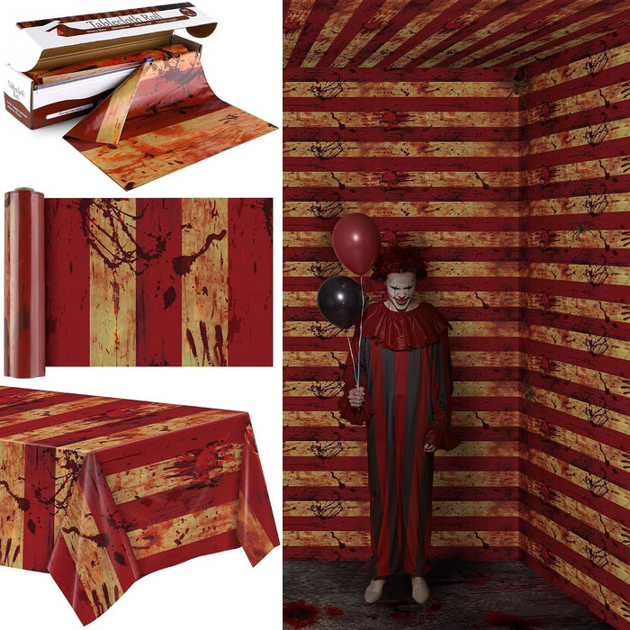 Kochorie 100 Ft x 54 Inch Creepy Carnival Tablecloth Roll with Cutter Box Plastic Table Cover Roll Halloween Bloody Circus Tent Backdrop for Halloween Party Circus Clown Room Wall Decorations