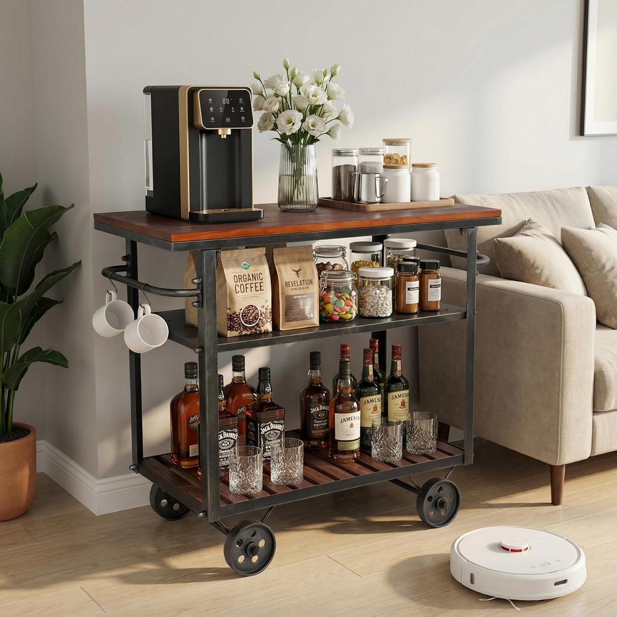 Vintage Rolling Bar Cart on Wheels Industrial Mobile Serving Cart Metal and W...