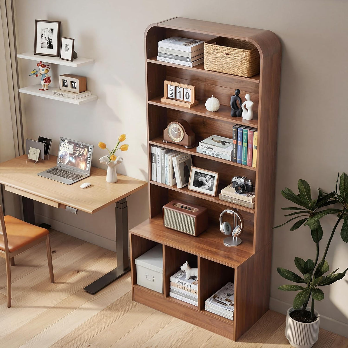 RARZOE 71" Tall Record Player Stand with Vinyl Storage, Walnut