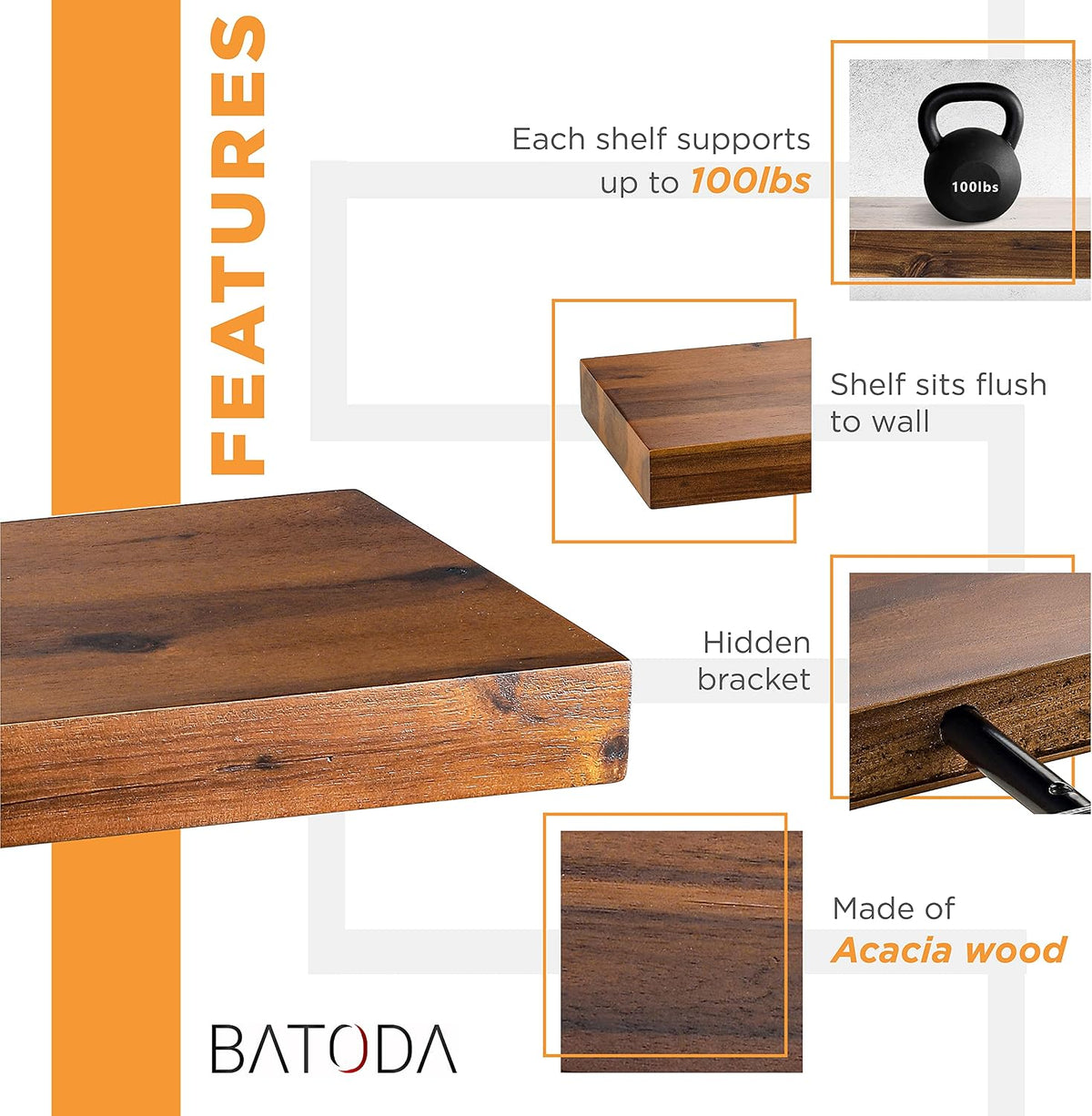 BATODA Set of 2 24" Acacia Wood Floating Shelves Wall Mounted โ Rustic F...
