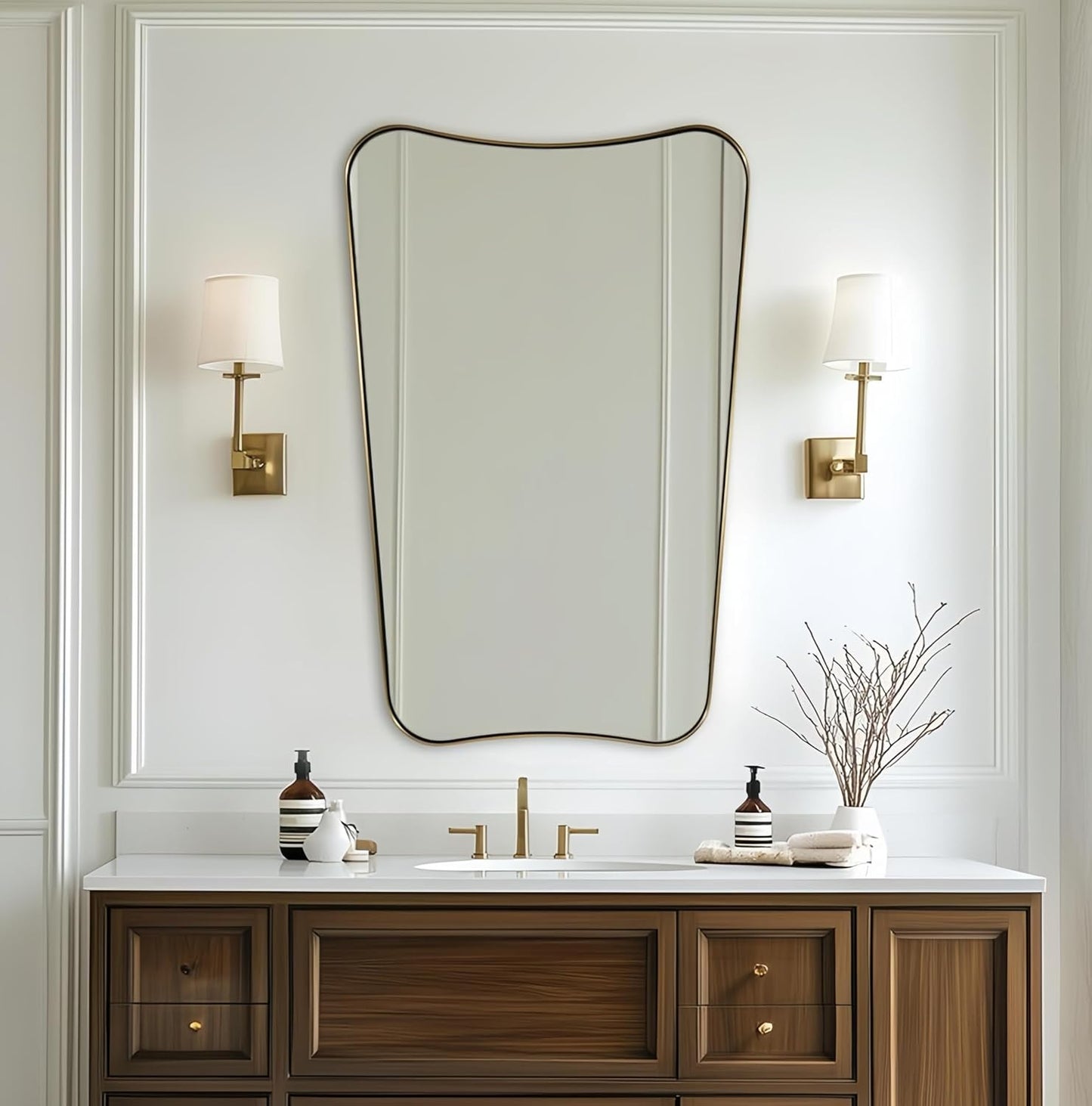 Gold Mirror, 24x36 Irregular Wall Mirror, Gold Antique Bathroom Vanity Mirror, Brass Mirrors for Wall, Asymmetrical Mirror in Rust-Proof Stainless Steel Metal Frame, Wall Mount Vertically