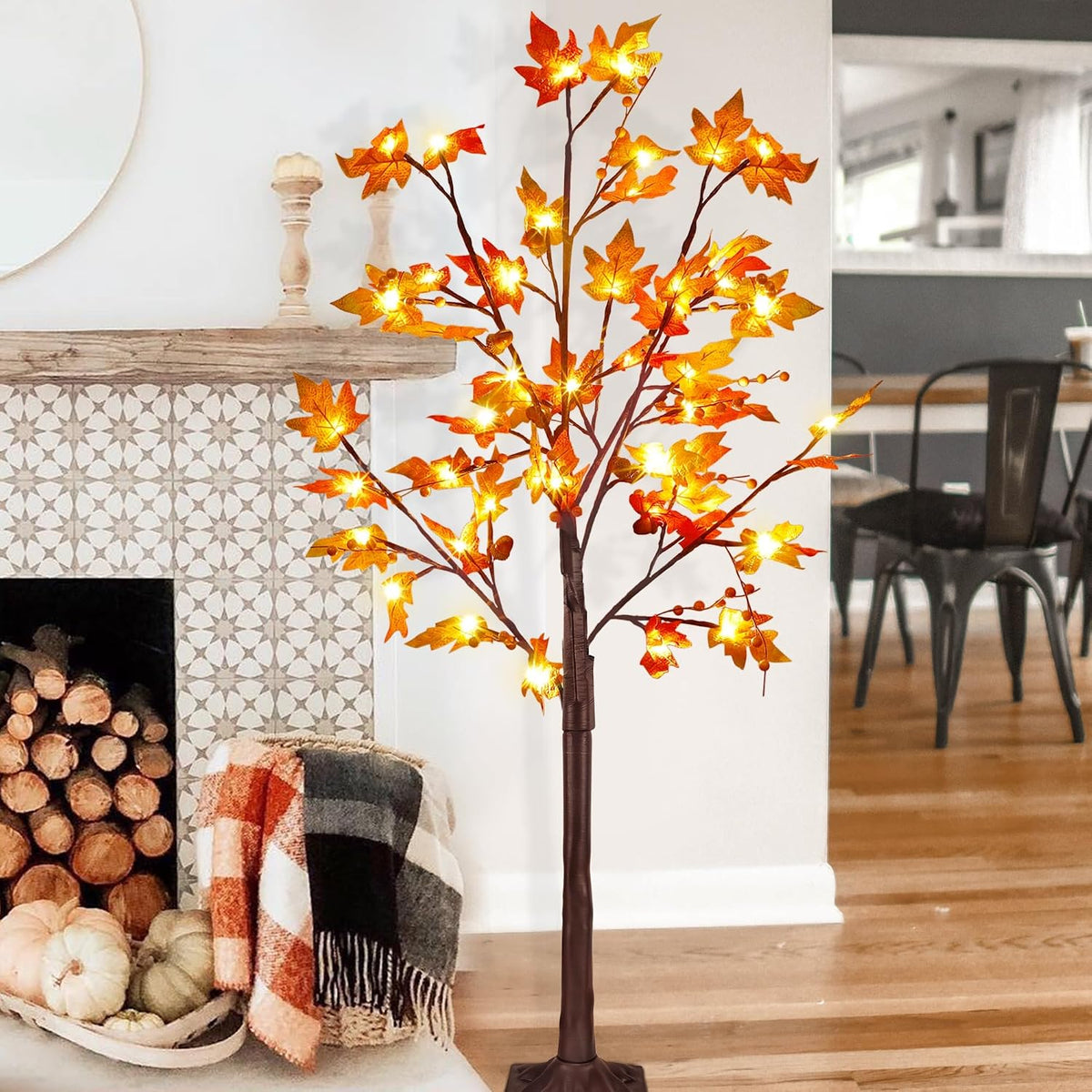 FORUP LED Lighted Maple Tree, 4 FT Lighted Artificial Tree for Thanksgiving H...