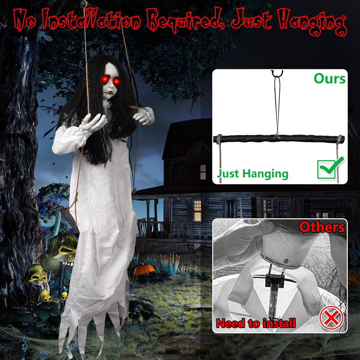 Scary Halloween Decorations Outdoor, 47" Hanging Swinging Girl Creepy Doll