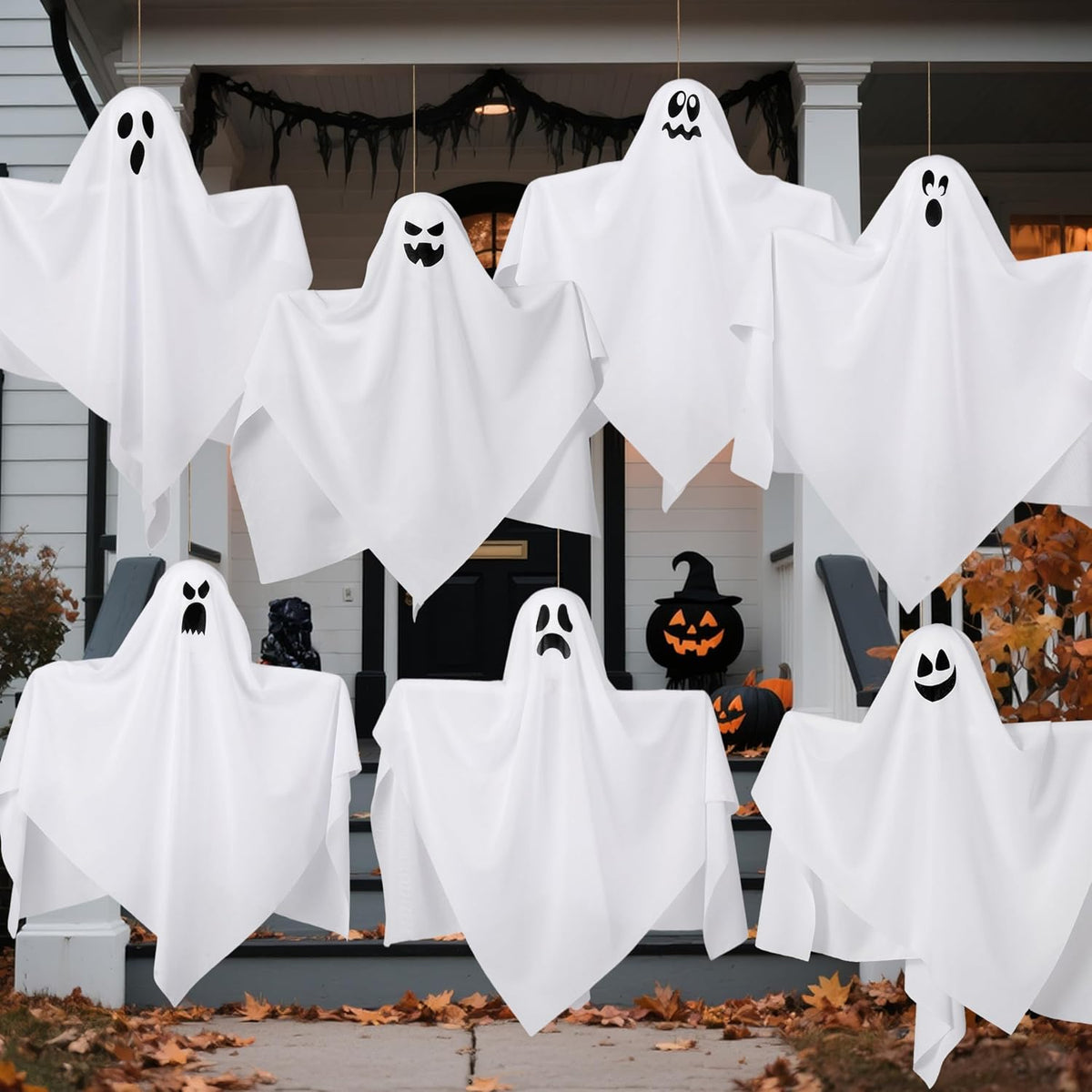 JOYIN 7 Pcs Halloween Hanging Ghost Decorations Outdoor, 19.6โ Flying White G...
