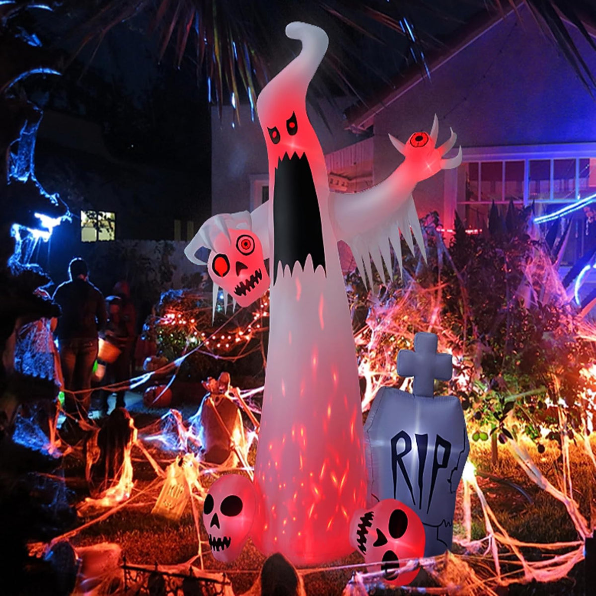HOPOCO 12 FT Halloween Inflatables Outdoor Decorations Ghost with 3 Skulls