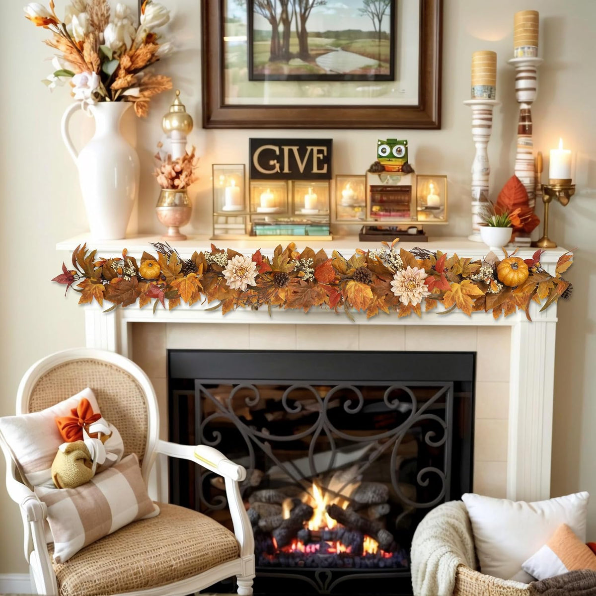 Fall Garland 6Ft Lifelike Autumn Maples Leaf Pumpkin Garland with Berries Pin...
