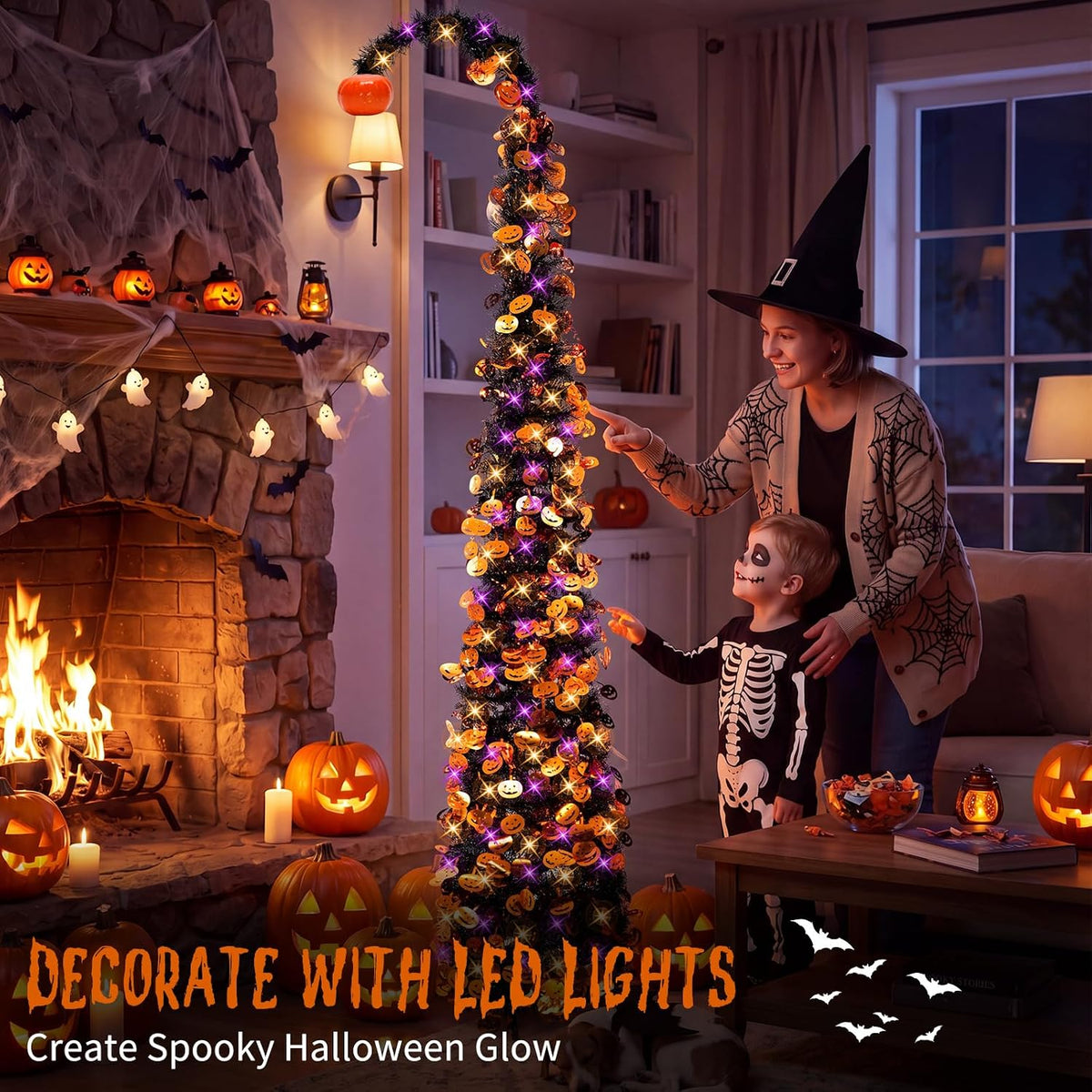 Curved Pumpkin Halloween Tree 5FT with Remote Timer Purple Orange Lights