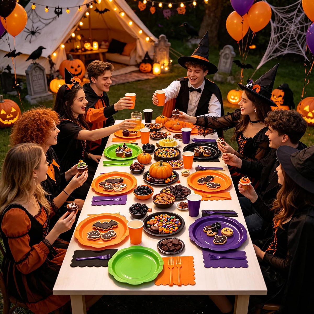 192Pcs Purple Orange Balck Plates and Napkins Party Supplies, Disposable 9โโ ...