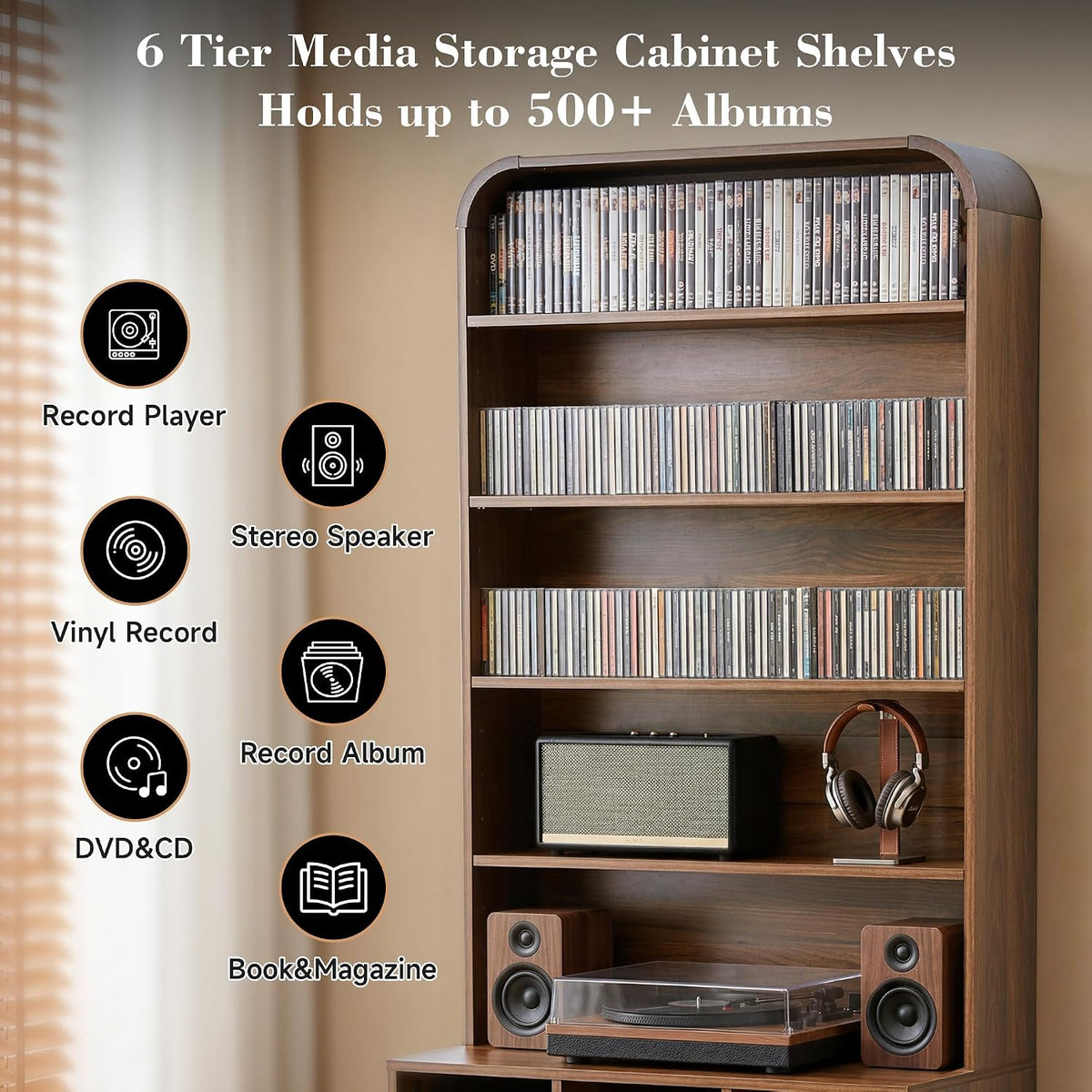 RARZOE 71" Tall Record Player Stand with Vinyl Storage, Walnut