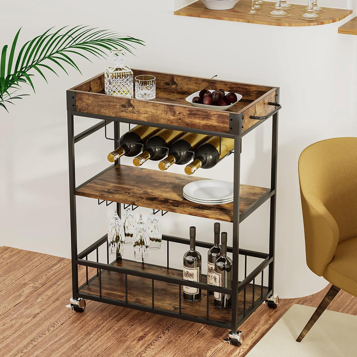 Bar Cart Serving Wine 3 Tier Home Rolling Rack with Wheels Mobile Kitchen Ind...