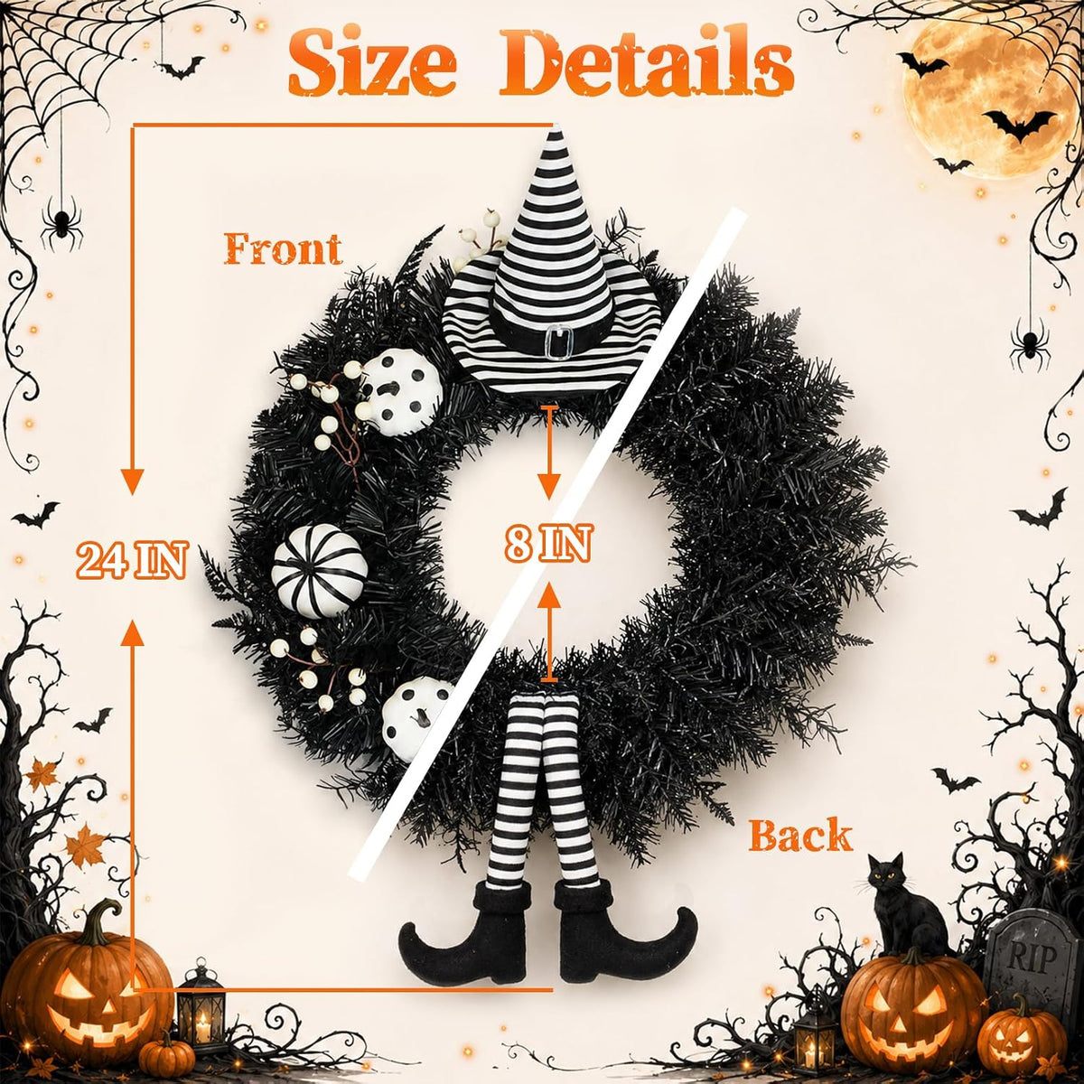 Yangrass 24" Spooky Halloween Wreath for Front Door with Witch Hat &...