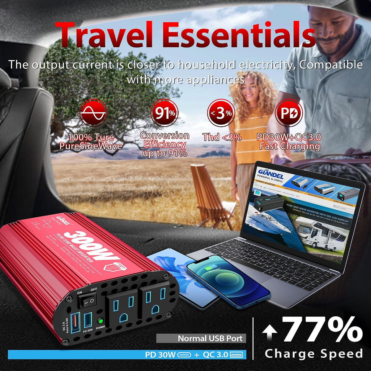 300 Watt Pure Sine Wave Car Power Inverter, PD30W USB-C and QC 3.0 Fast Charg...