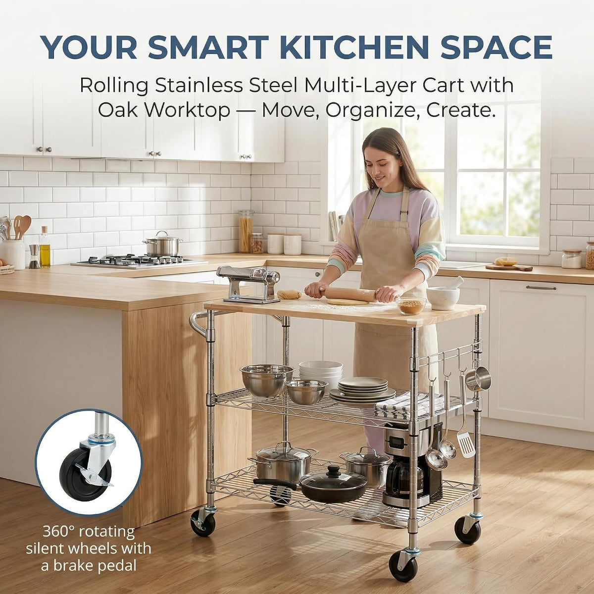 Finnhomy 3-Tier Rolling Kitchen Cart with 18" D x 36" W Oak Wood Ta...