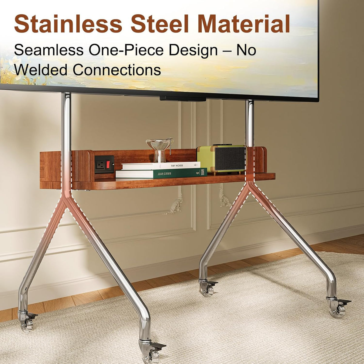 Rolling TV Stand with Power Outlet & Wooden Shelf,Stainless Steel Mobile ...
