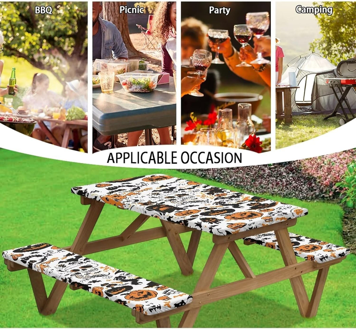 Halloween Pattern Camping Table Covers with Seat Covers Waterproof Picnic Out...