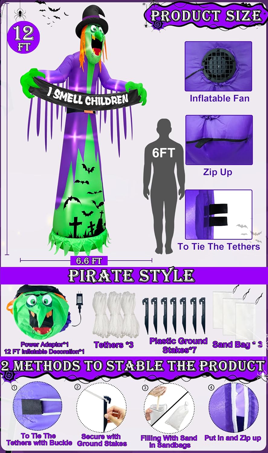 12FT Giant Halloween Inflatables Witch Decorations for Outdoor Garden