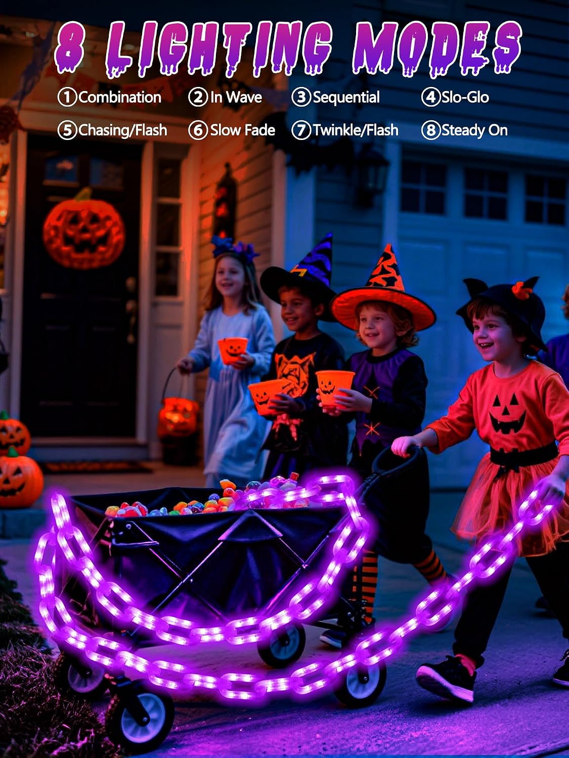 Solar Halloween Chain Lights 10 FT 160 LED Purple Light-Up Plastic 8 Modes
