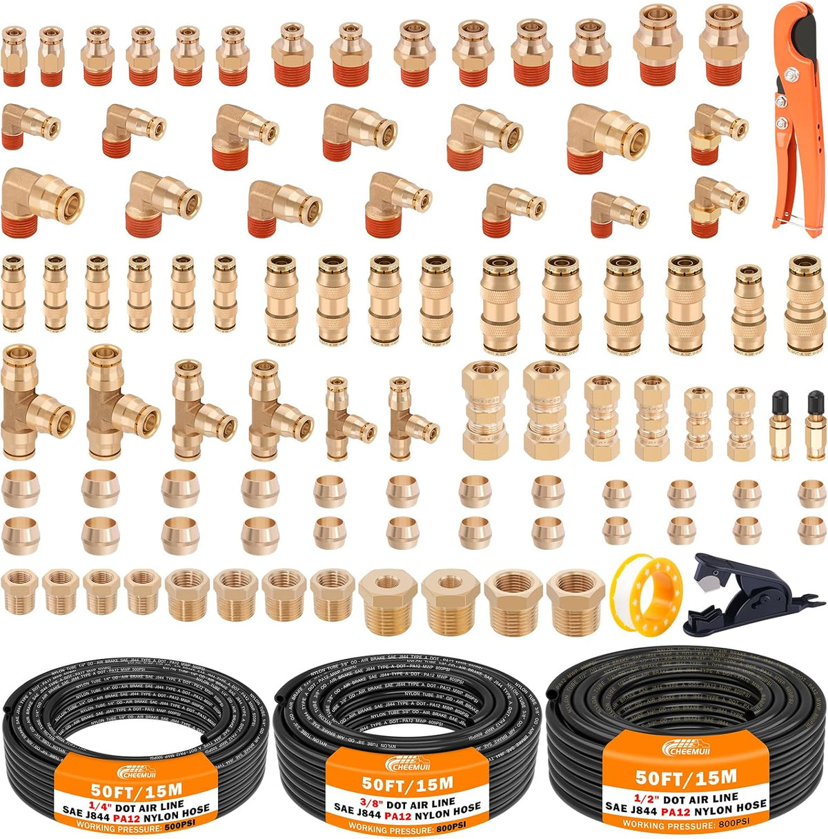 CheeMuii 100PCS Brass DOT Air Line Fittings with 3 Roll 50FT DOT Air Lines