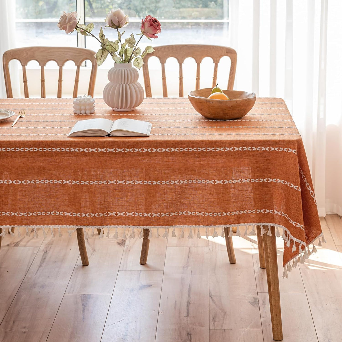 Burnt Orange Linen Rectangle Table Cloth with Tassel Farmhouse Burlap Tablecl...