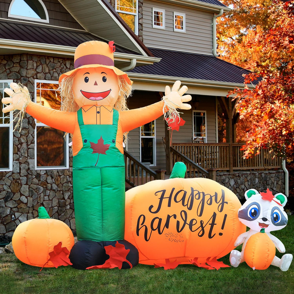 DomKom 6ft Tall LED Lighted Inflatable Scarecrow and Pumpkin โ Halloween Than...