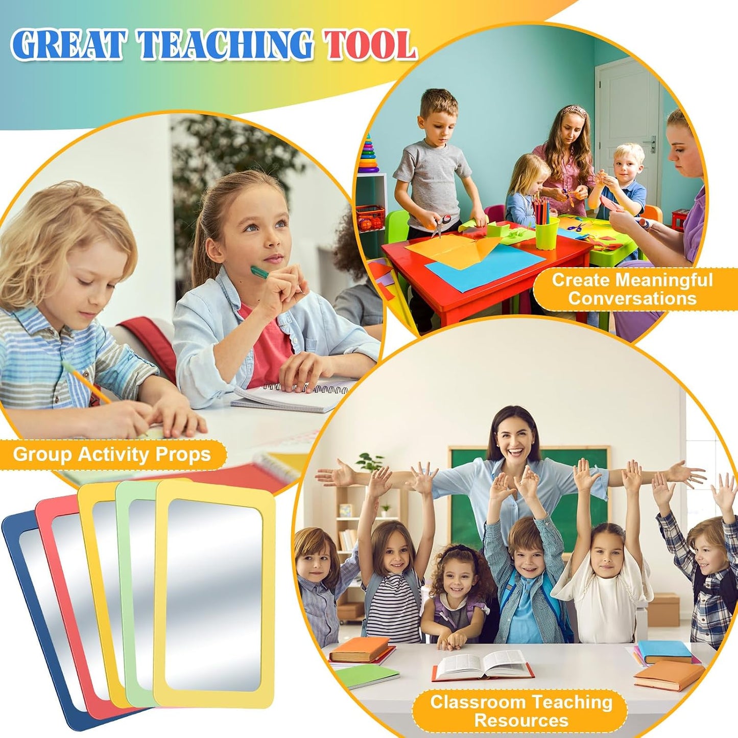 30 Pcs 6x4 Shatter Proof Unbreakable Kids Mirrors, Hippie Color | Unbreakable Shatterproof, Double Sided, Square Round Corners, Classroom Facial Expression, for Bulletin Board DIY Crafts