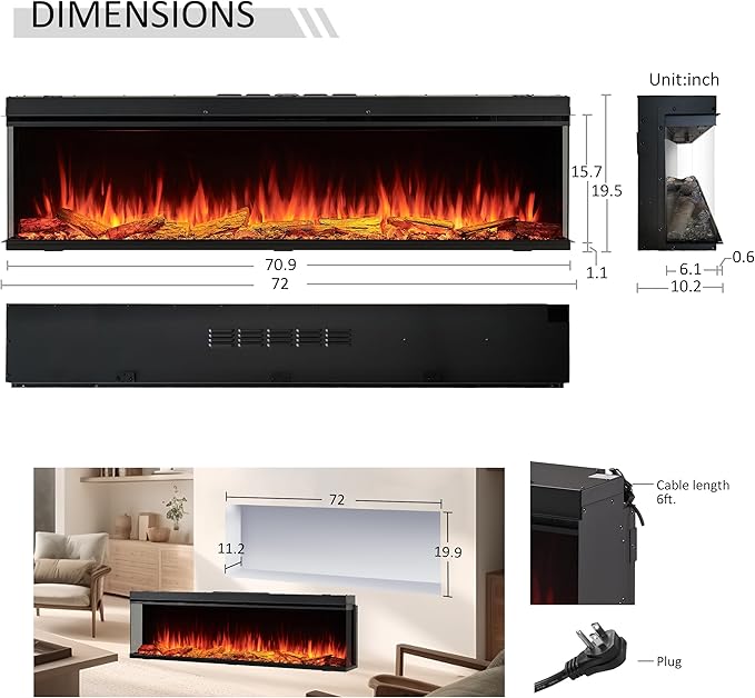 LegendFlame 71" W Smart Build in Electric Fireplace Insert, 1-2-3 Sided View - Image 6
