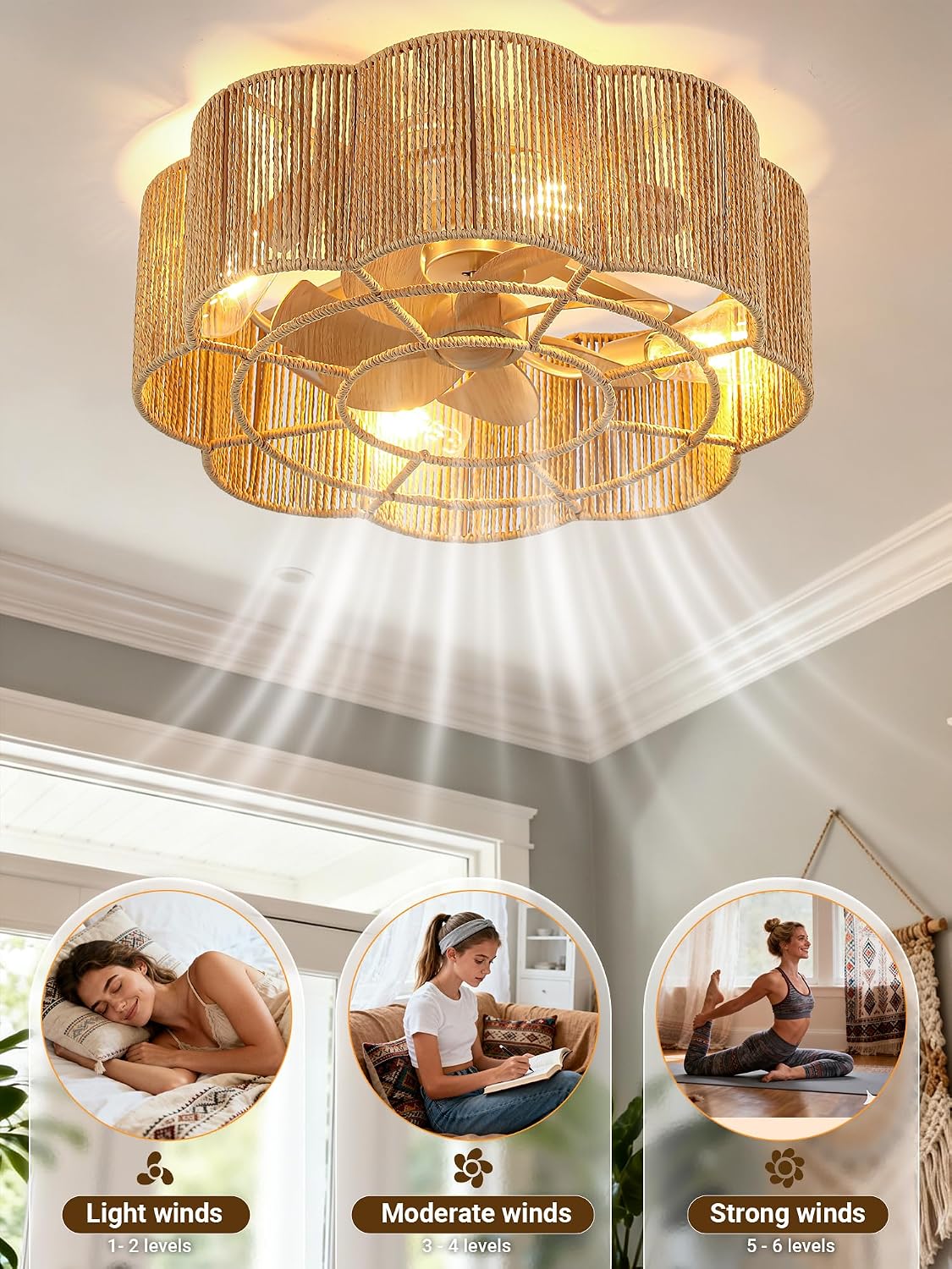 20" Rattan Fandelier Boho Caged Ceiling Fan with Lights Low Profile