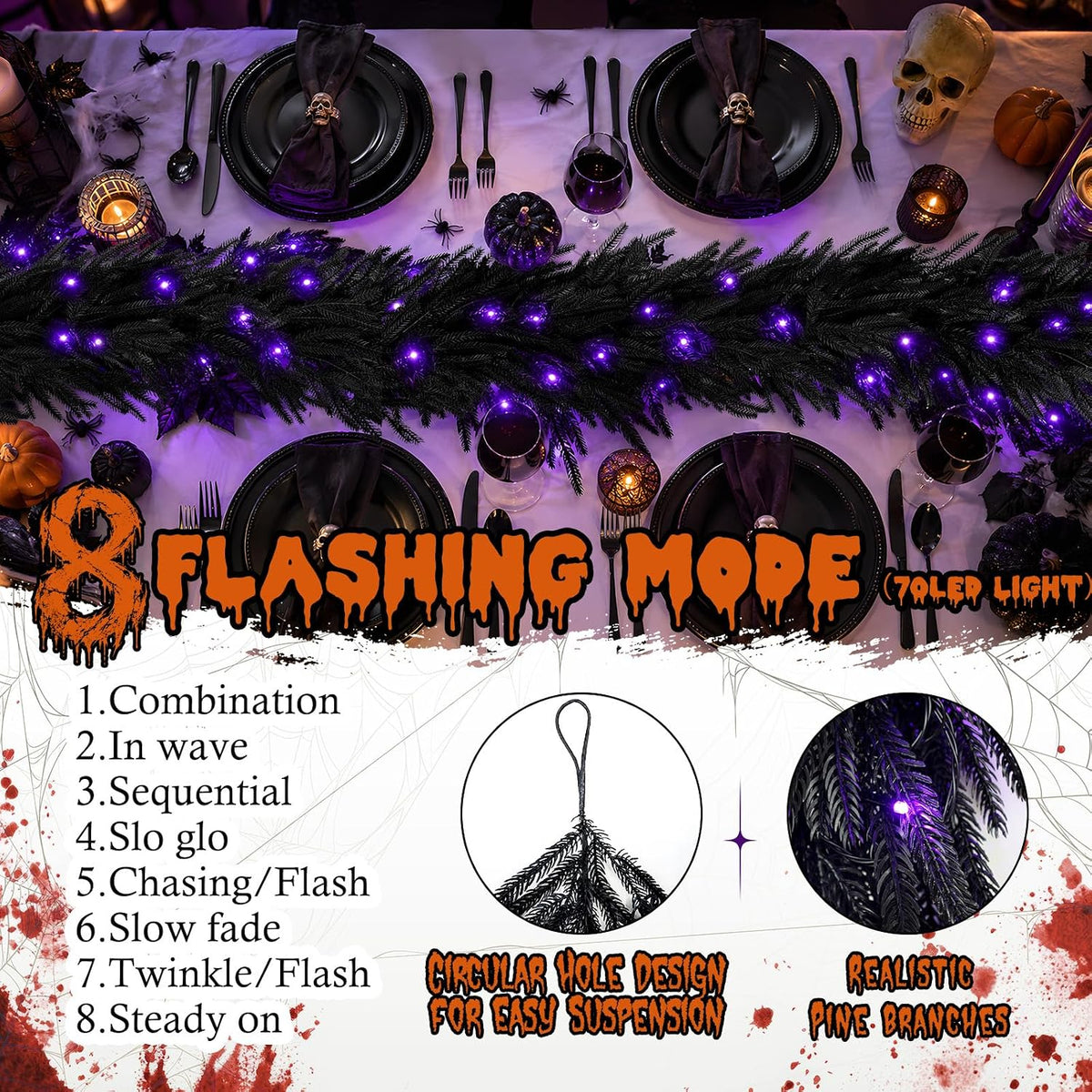 N&T NIETING 9FT Black Halloween Pre-Lit Garland with 70 LED Lights Real T...