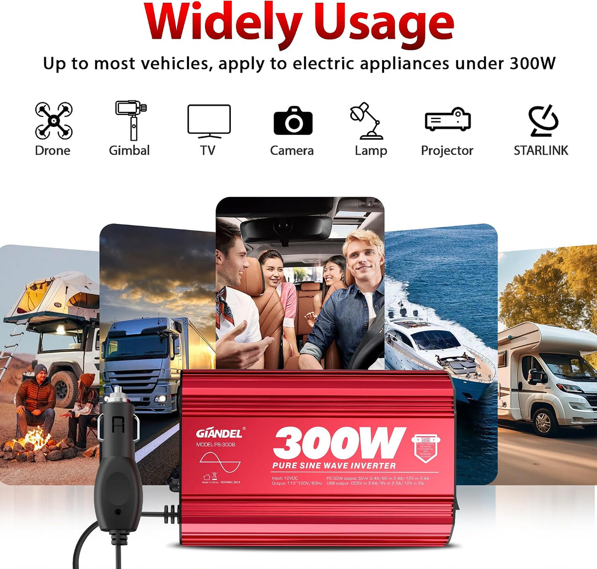 300 Watt Pure Sine Wave Car Power Inverter, PD30W USB-C and QC 3.0 Fast Charg...
