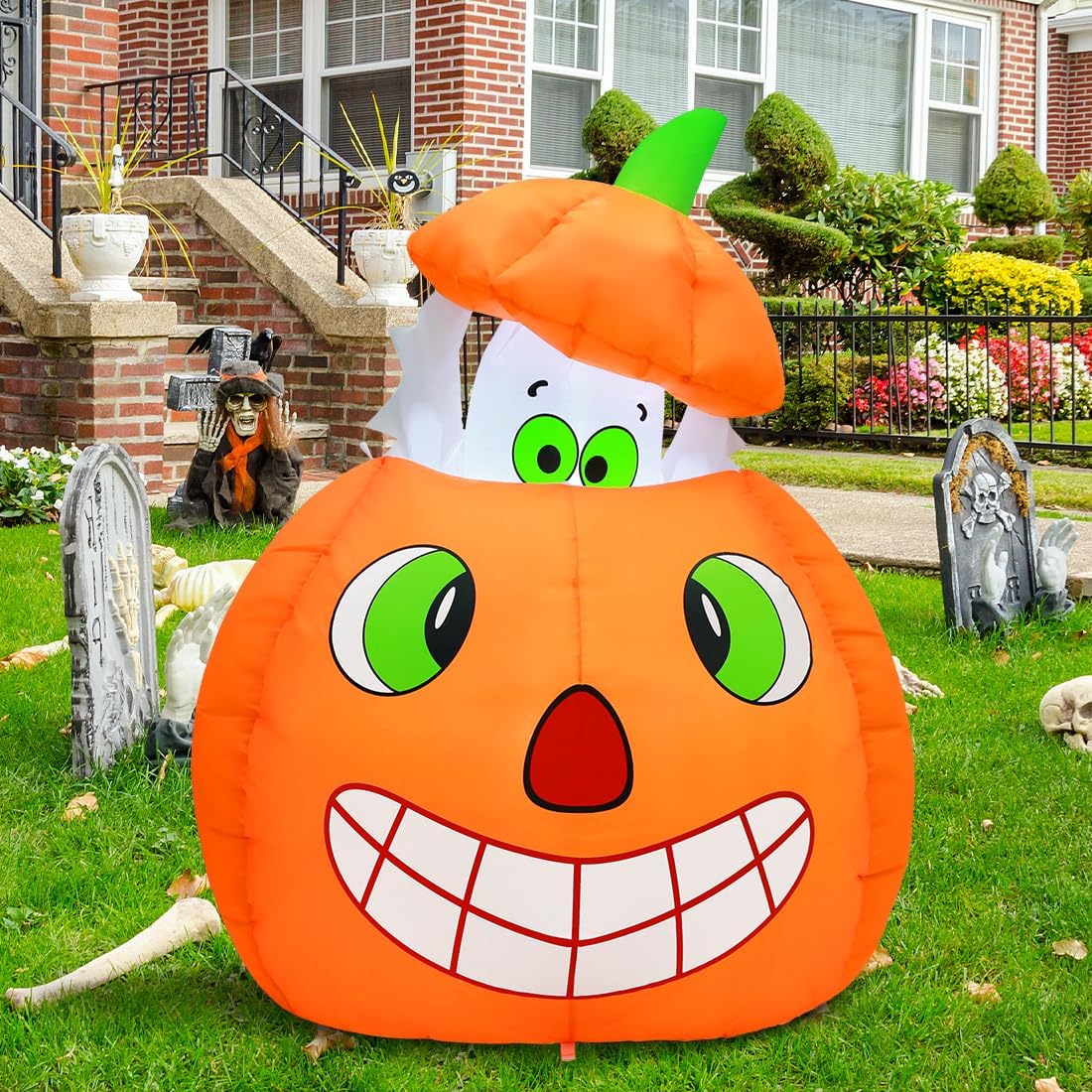 COMIN 5 FT Halloween Inflatables Animated Pumpkin Ghost Outdoor Decorations B...