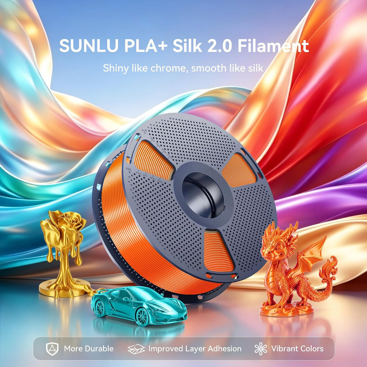 SUNLU Silk 2.0 PLA 3D Printer Filament, Silver+Light Gold, 2-Pack (2KG)
