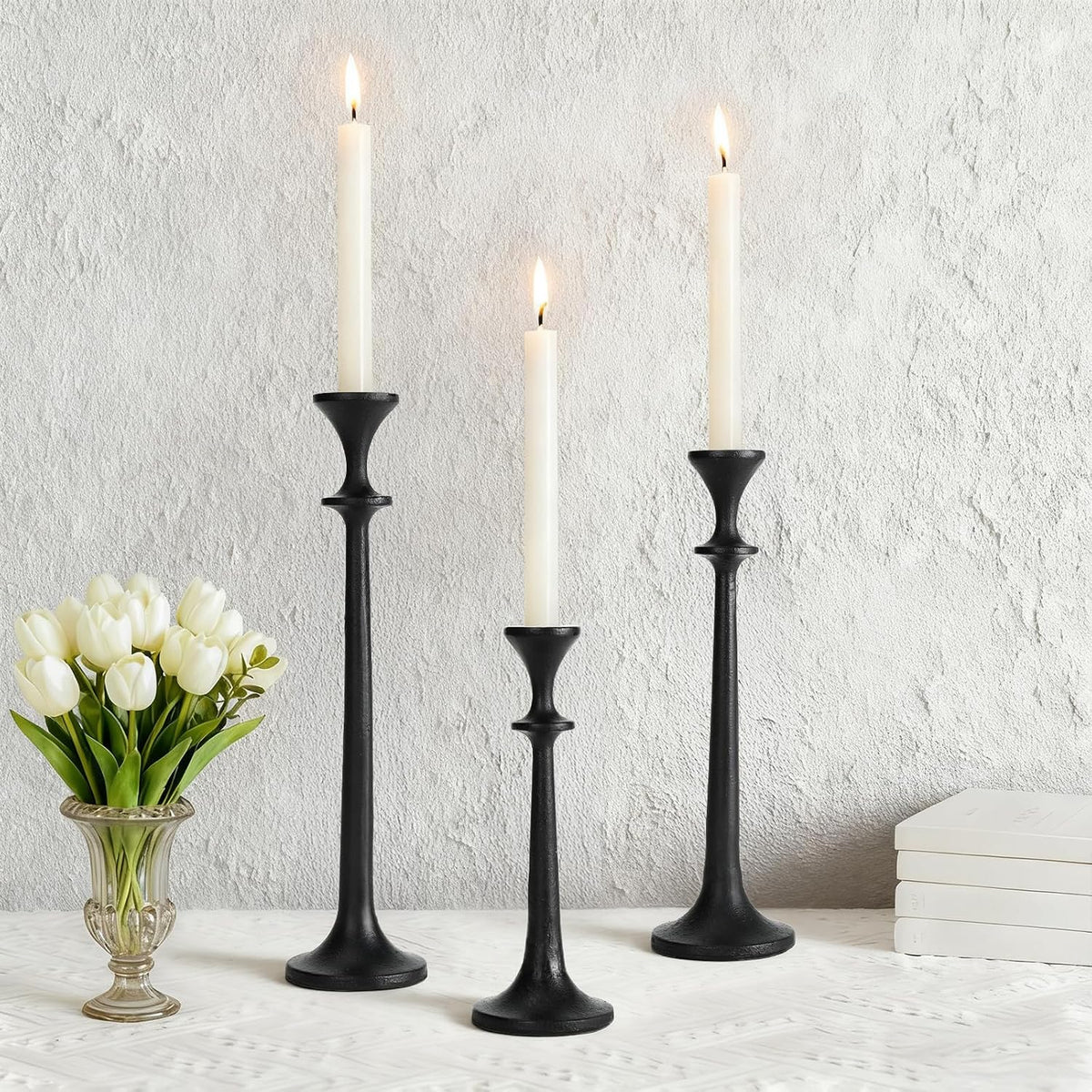 Black Taper Candle Holders Set of 3 Heavy Cast Iron Black Candlestick Holder ...