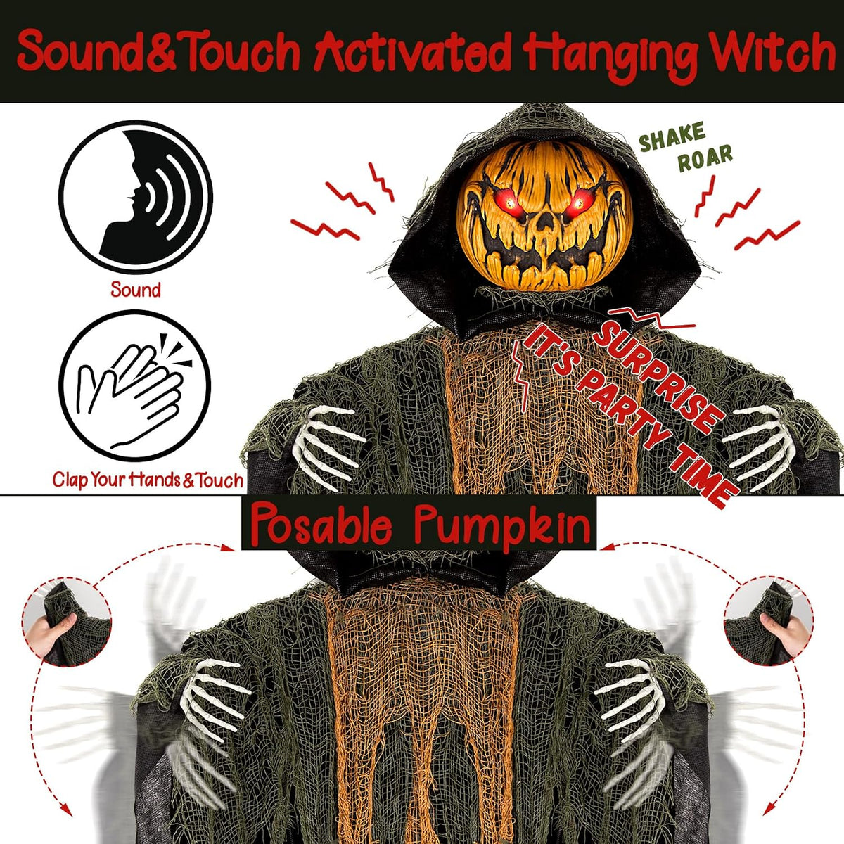 59โ Halloween Hanging Animatronics Pumpkin Decoration with Sound Activated