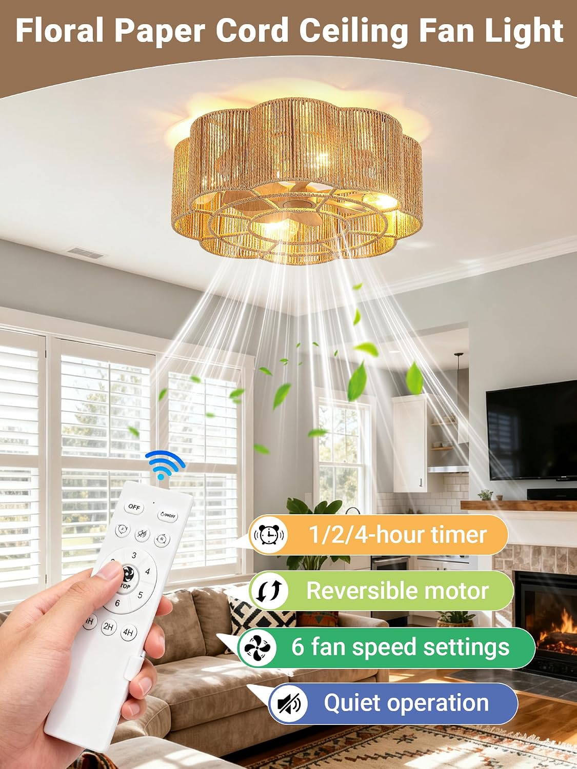 20" Rattan Fandelier Boho Caged Ceiling Fan with Lights Low Profile