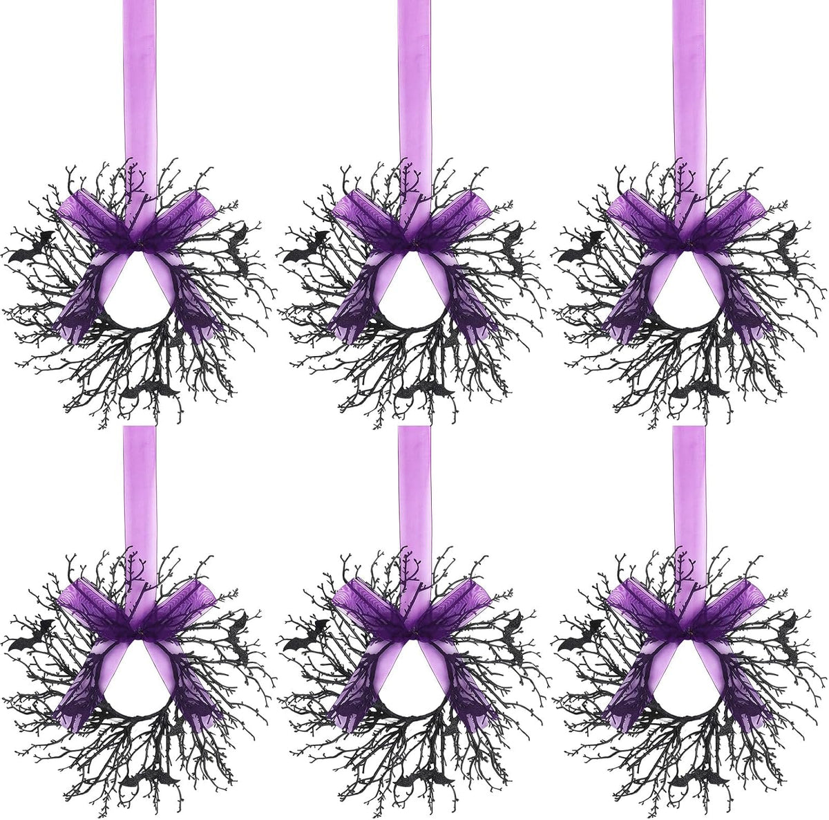 Suncalla 6 Pack Mini Halloween Cabinet Wreaths 9.8 Inch with Purple Ribbon