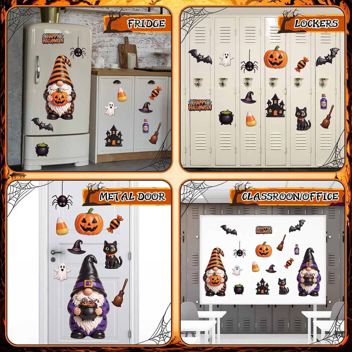 Flutesan 16 Pcs Halloween Gnome Garage Door Magnets Large Pumpkin Bat