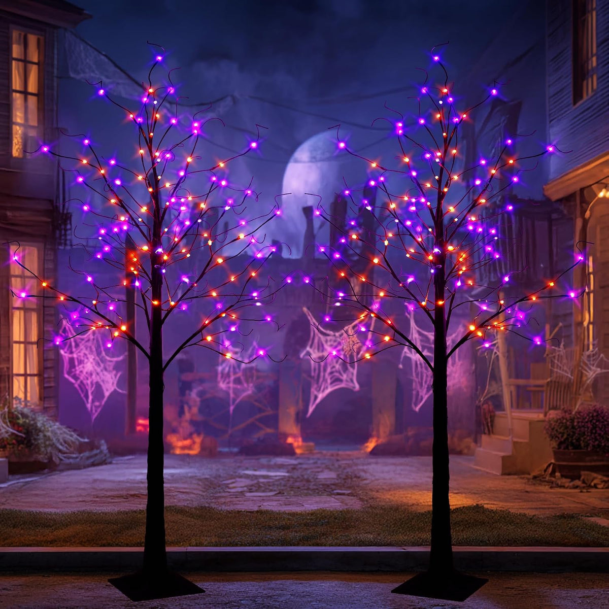 TW SHINE 2 Pack 6FT Halloween Lighted Black Birch Tree, Total 288 LED Purple ...
