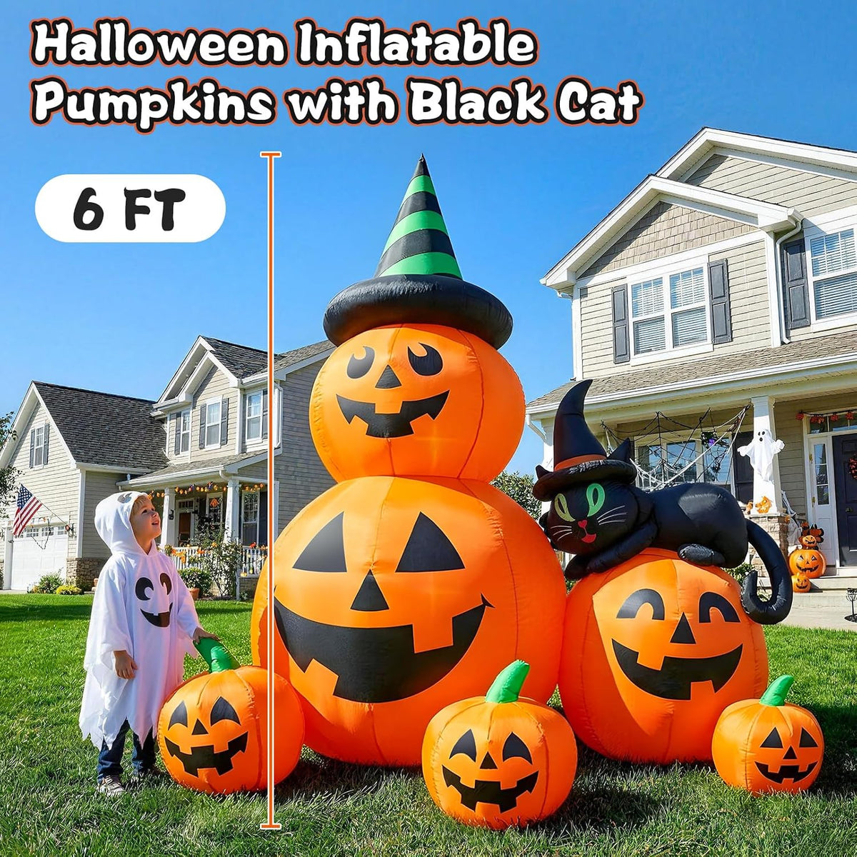 6 FT Halloween Inflatable Pumpkins with Witchโs Black Cat, Spooky Blow up Out...
