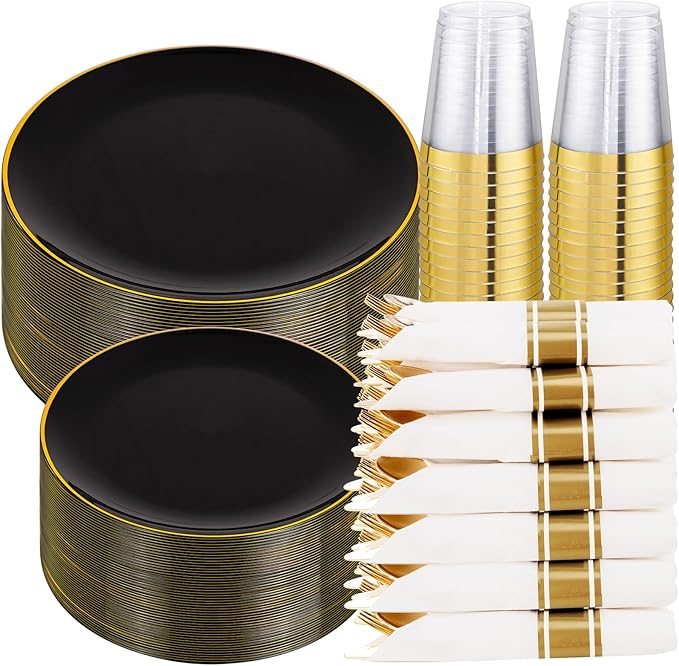 KIRE 350 PCS Plastic Dinnerware Set for 50 Guests - Black and Gold Plates 50 ...