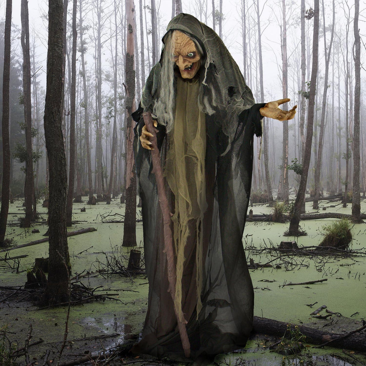 Haunted Hill Farm Life-Size Scary Poseable Talking Witch, Halloween Animatron...