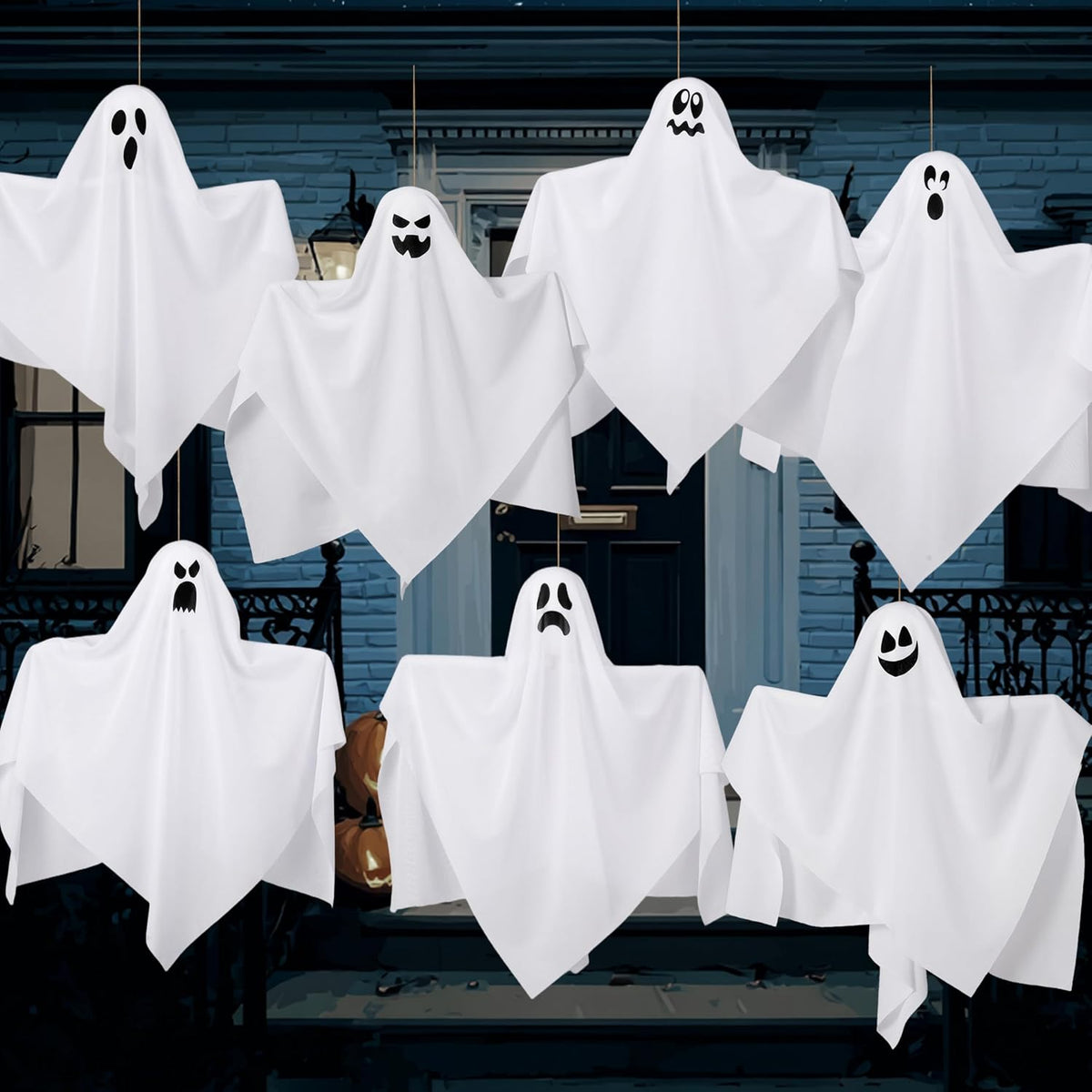 JOYIN 7 Pcs Halloween Hanging Ghost Decorations Outdoor, 19.6โ Flying White G...