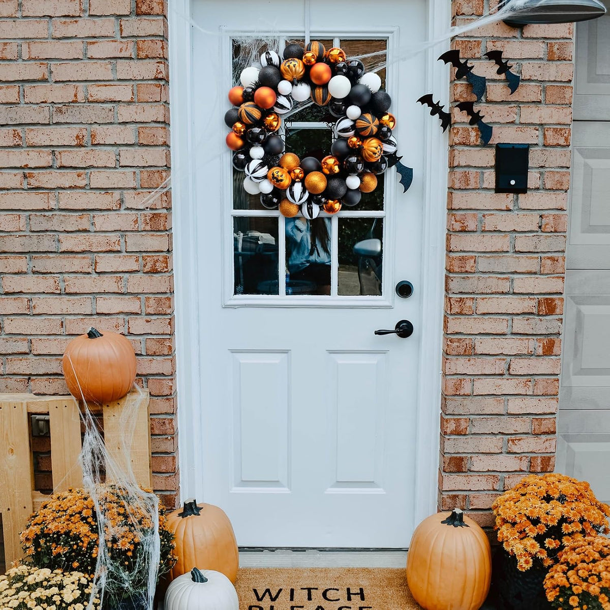 Happy Halloween Wreath for Front Door, 18โ Artificial Ball Wreaths Door Decor...