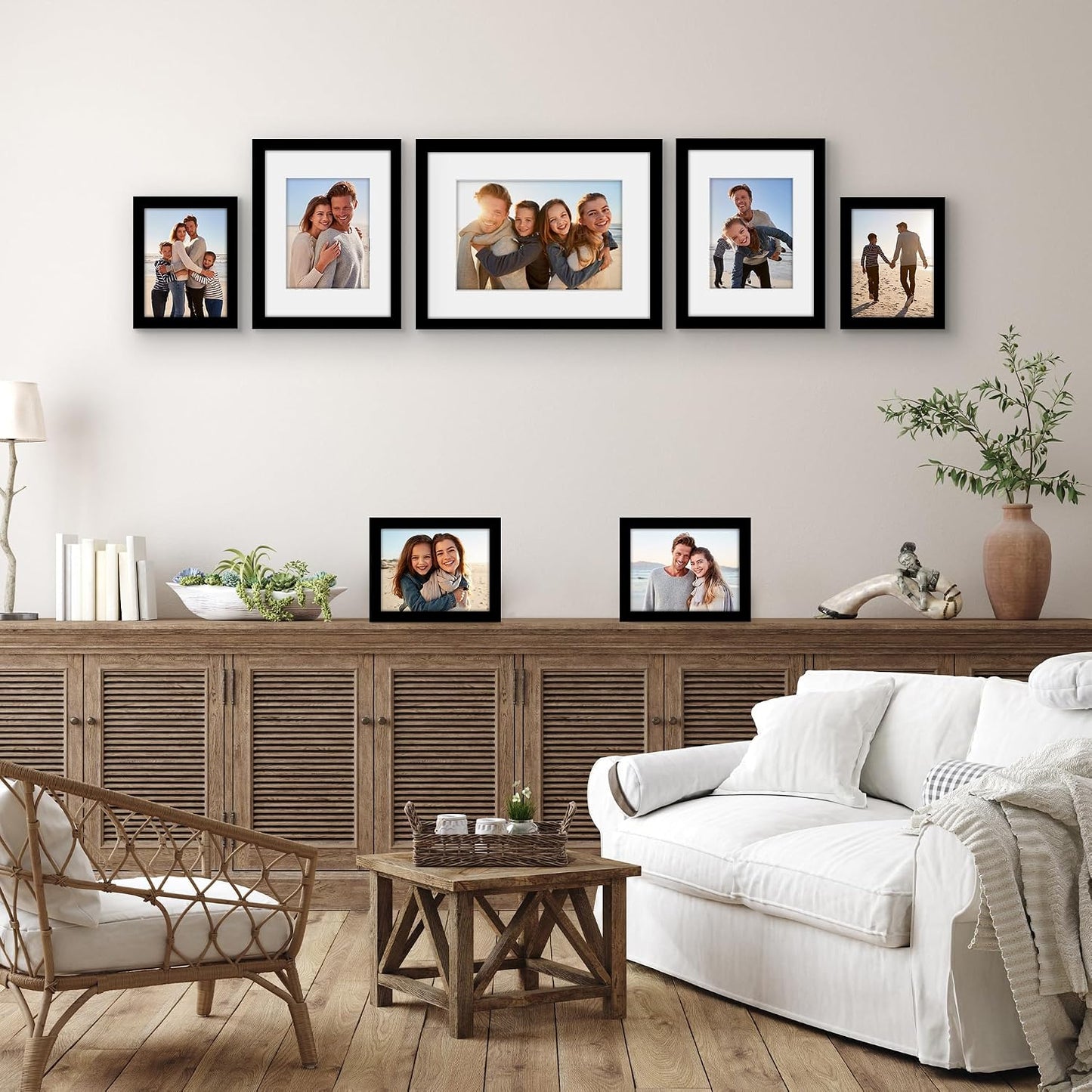 Americanflat Set of 7 Picture Frames with Shatter-Resistant Glass - Gallery Wall Frame Set with One 16x12, Two 9x12, and Four 6x8 Frames - Signature Collection - Black