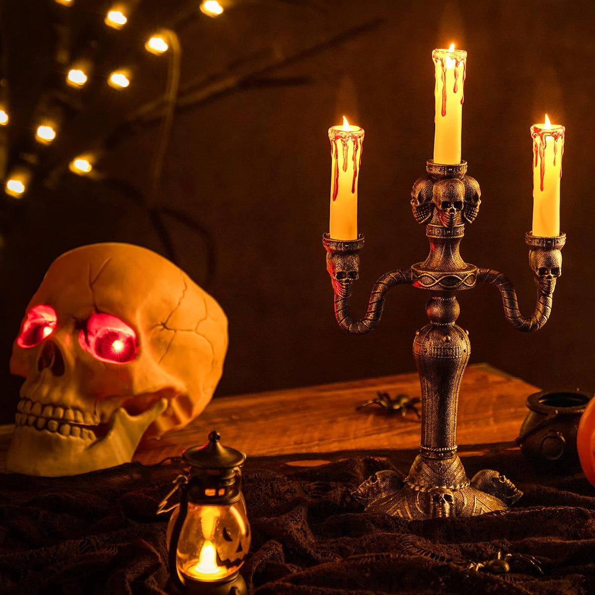 JOYIN 2 Pcs Skull Candelabra Halloween Decorations Indoor LED Lights Flameles...