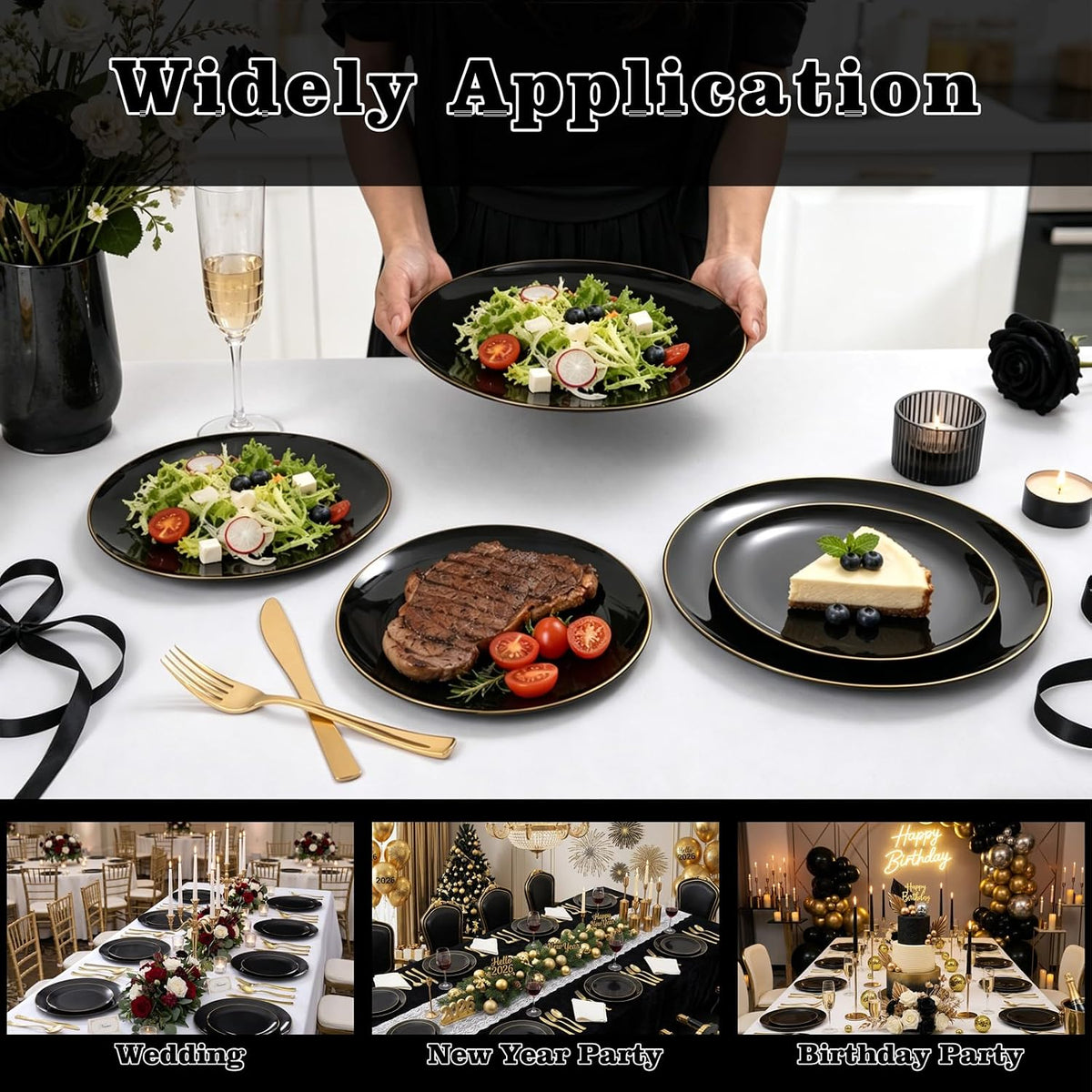 YOUBET 125PCS Black Plastic Plates with Gold Rim for Halloween