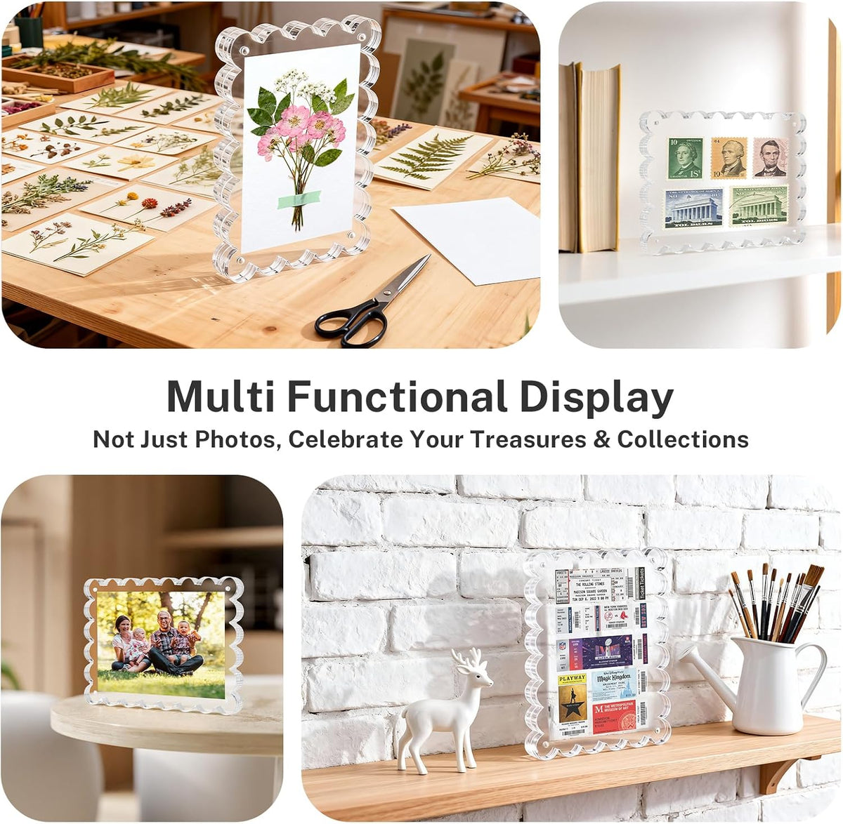 HOUSE DAY Acrylic Picture Frames 5x7 Acrylic Frame, 3 Pack Scalloped Magnetic 5x7 Picture Frame, Double Sided Clear 5 x 7 Photo Frame, Frameless FreeStanding 5 x 7 Picture Frames Gift for Desktop Display