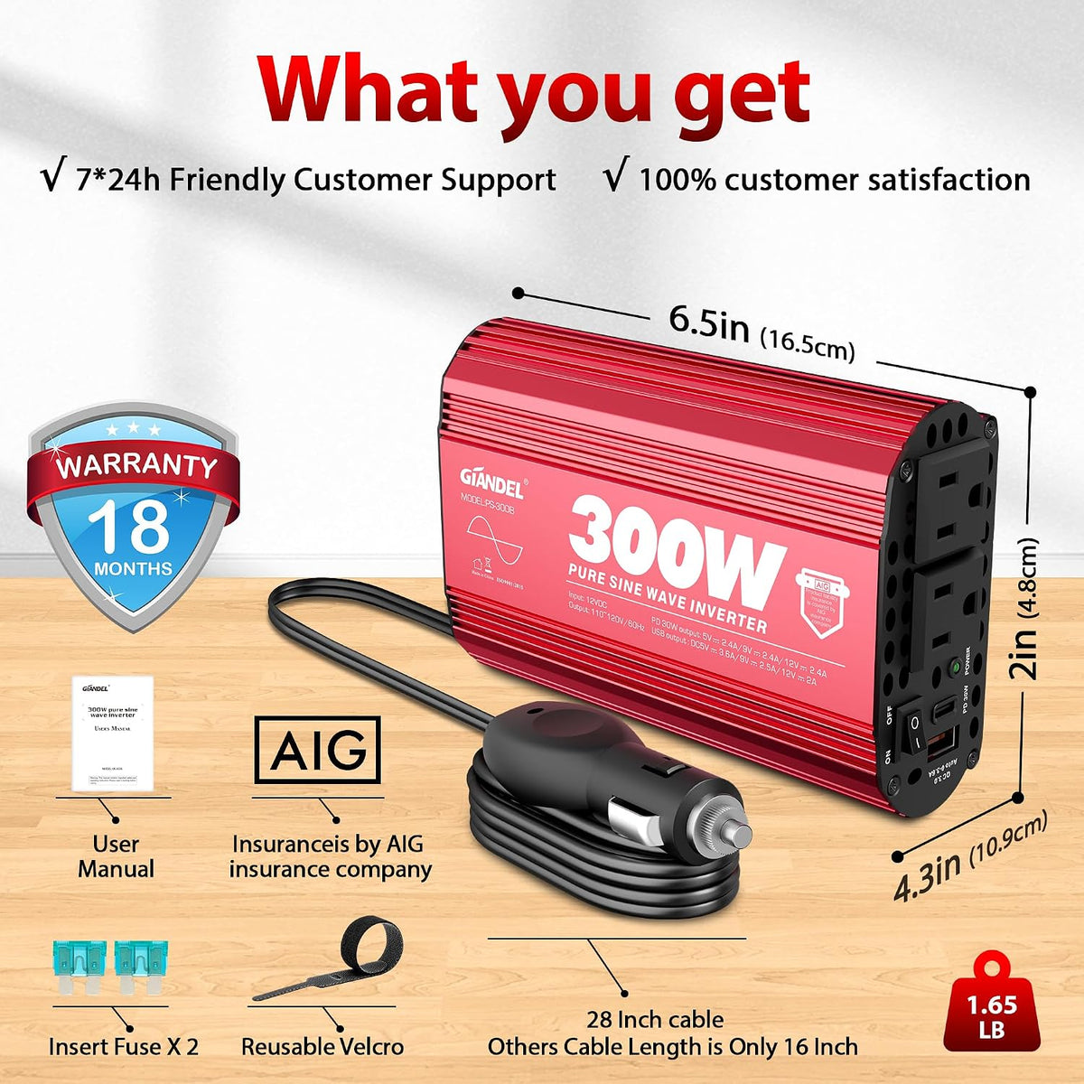 300 Watt Pure Sine Wave Car Power Inverter, PD30W USB-C and QC 3.0 Fast Charg...