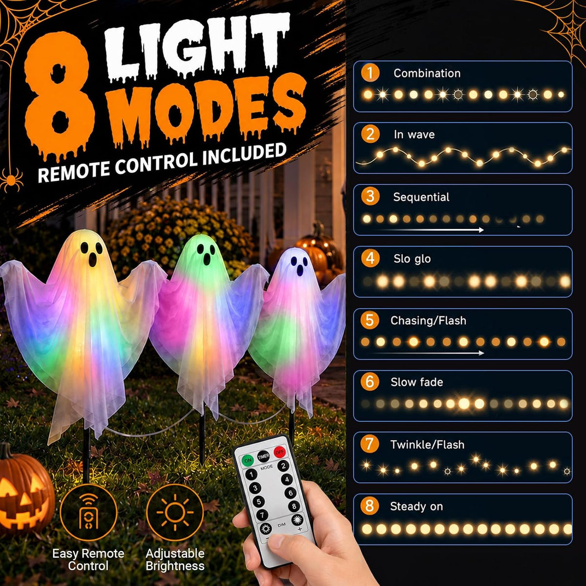 3 Pcs Halloween Lighted Ghost Stakes with Remote Control & Timer, 17.7 in...